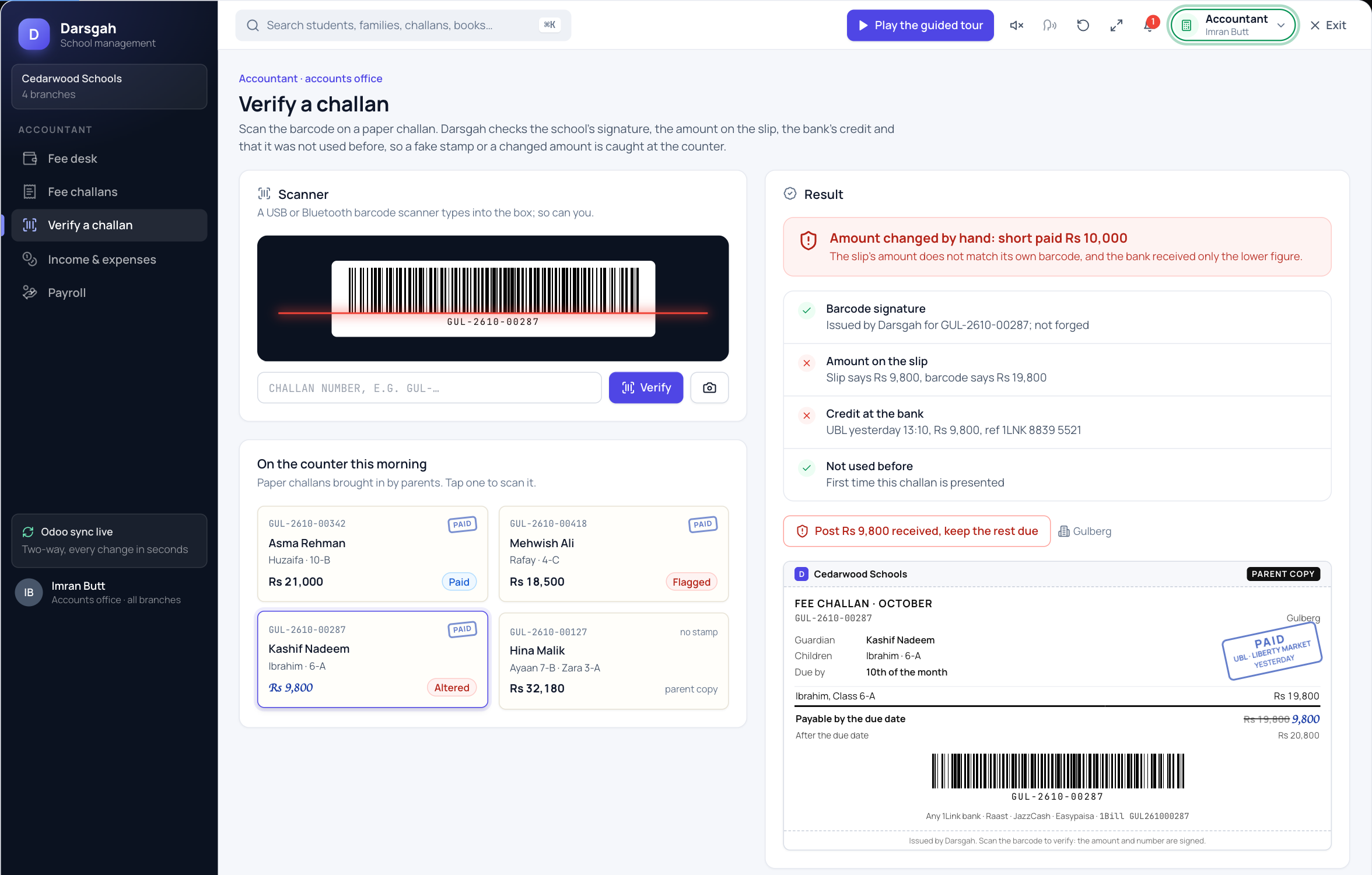 The challan verification desk: a scanner, four paper challans on the counter, and the result for a challan whose amount was changed by hand from Rs 19,800 to Rs 9,800: the barcode still carries the billed amount, and the bank received only Rs 9,800