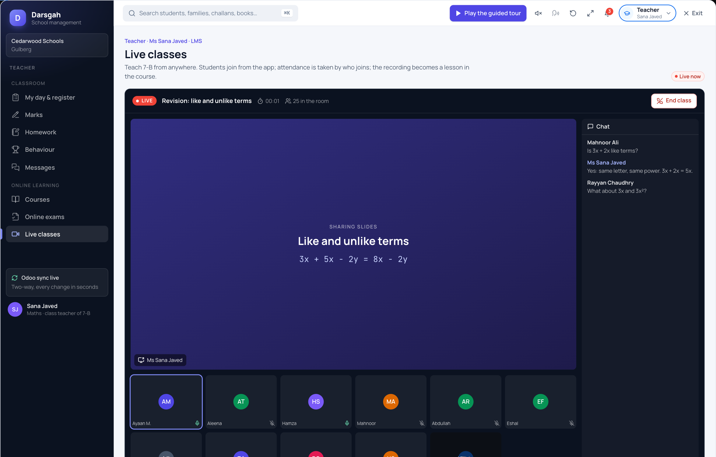 The teacher's live class: student video tiles, chat, participant count and an End class button, with the schedule of upcoming and recorded classes