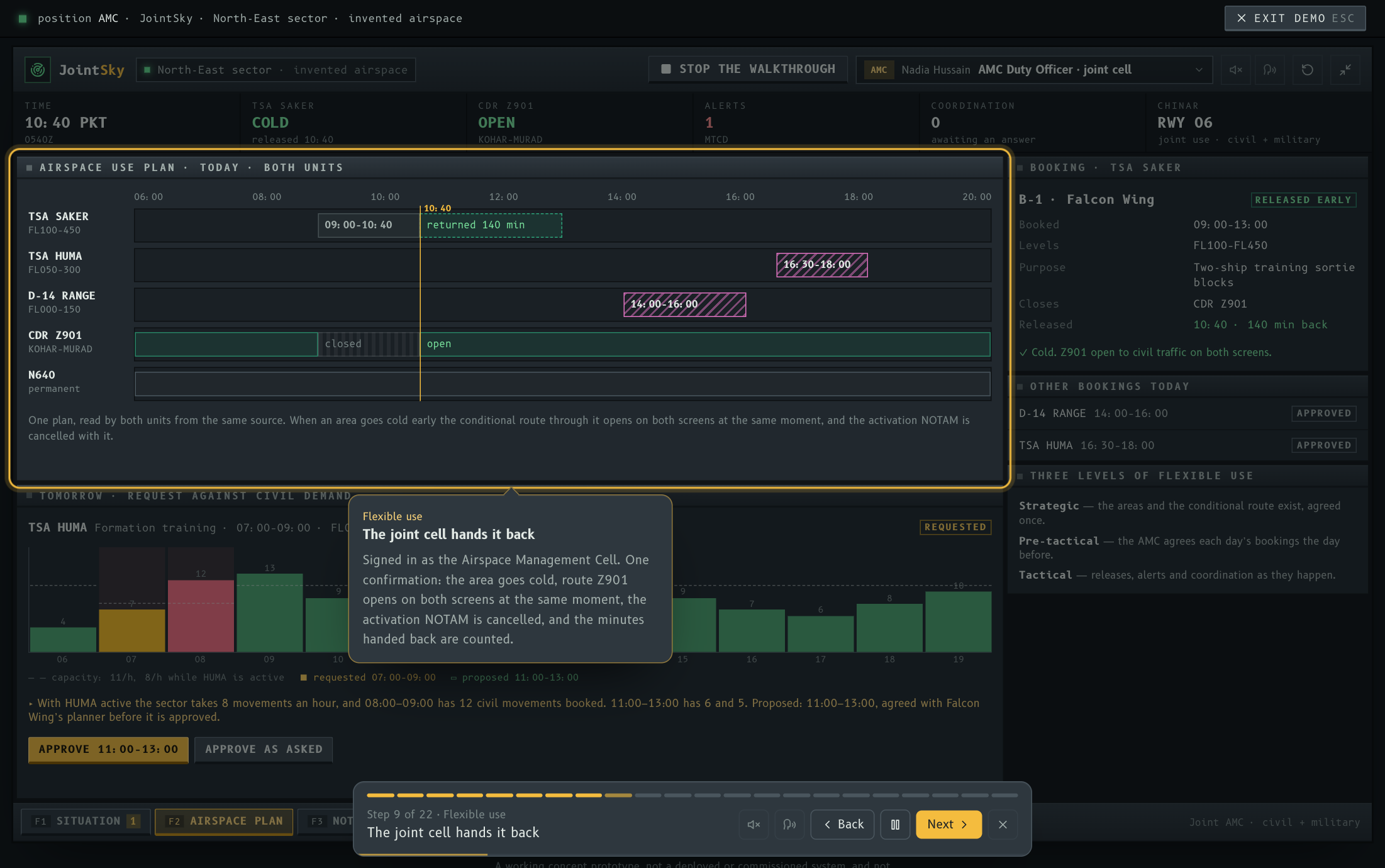 The walkthrough running: a ring around the Airspace Use Plan after the joint cell confirmed an early release, a bubble explaining the step, and the control bar with back, pause and next