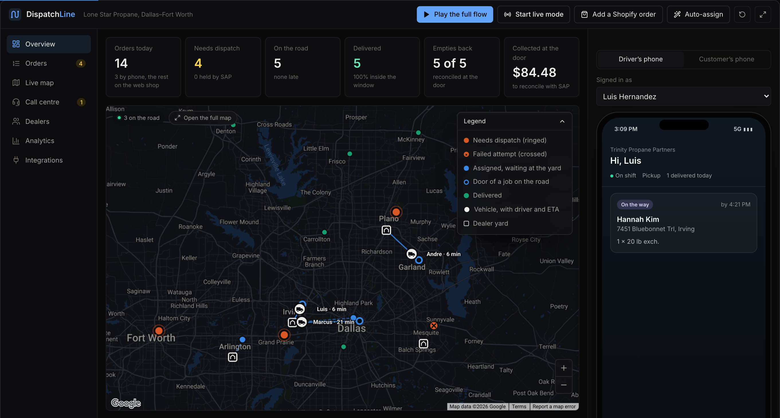 The dispatch app: today's figures above a live map of Dallas–Fort Worth with vehicles on their routes and a floating legend, and the driver's phone beside it