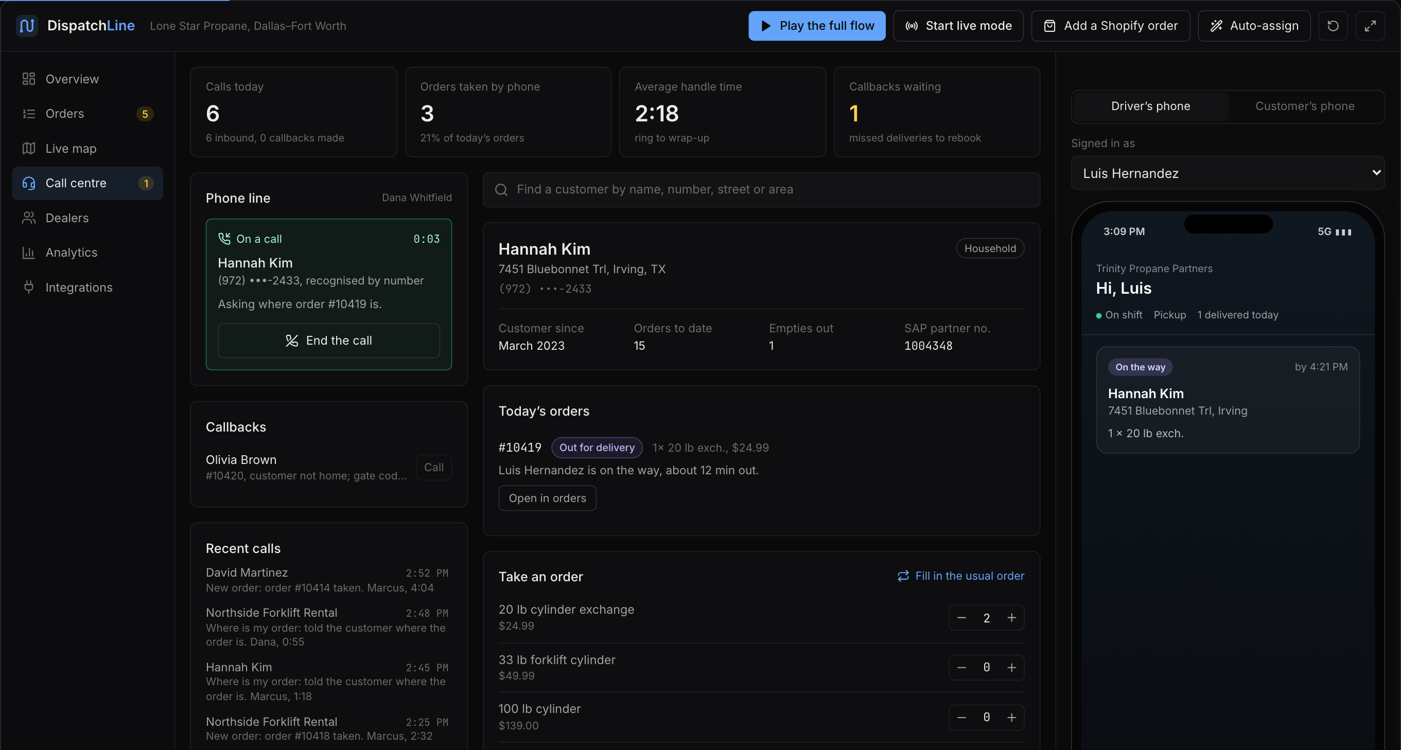 Call centre screen: an agent on a call with a recognised customer, the customer's record with address, order history and returnables, today's orders with the driver's status, and an order form