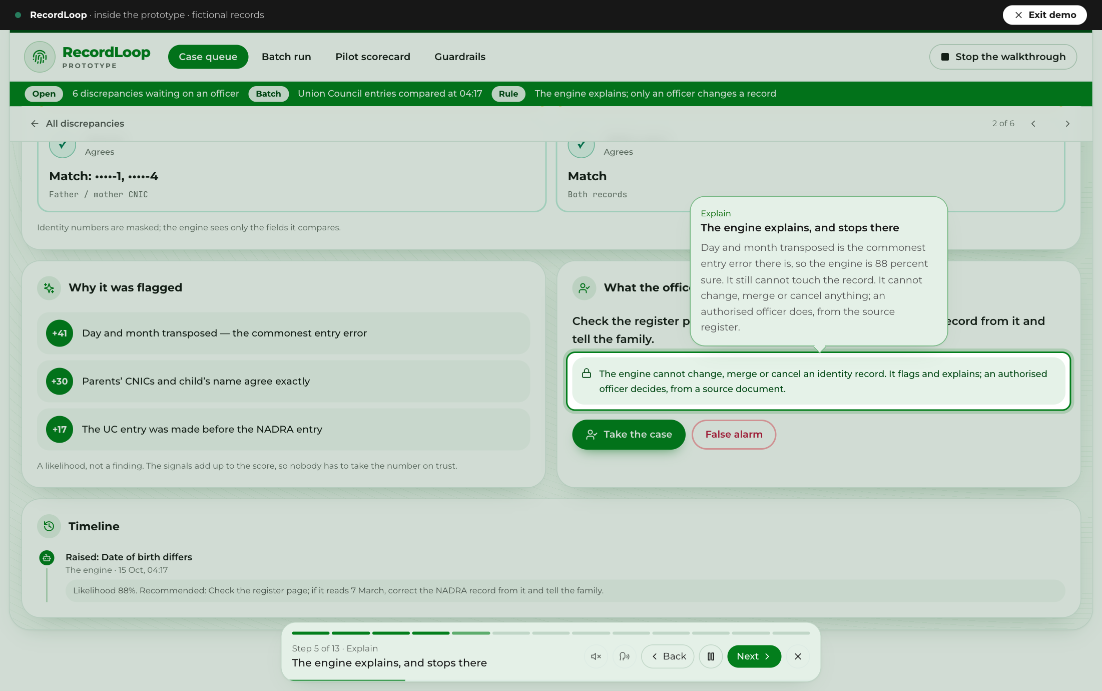The walkthrough running on a NADRA case: a ring around the locked notice that the engine cannot change an identity record, a bubble explaining the step, and the control bar with back, pause and next
