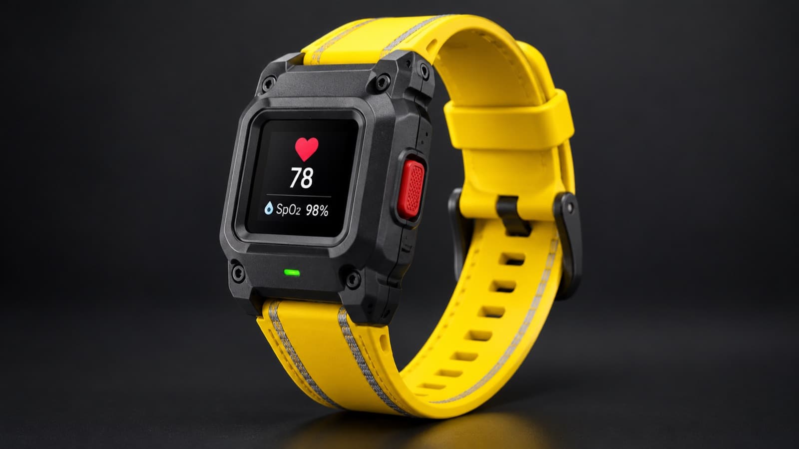 Studio photograph of the concept band: square charcoal housing, yellow strap with reflective stitching, screen showing heart rate 78 and SpO2 98%