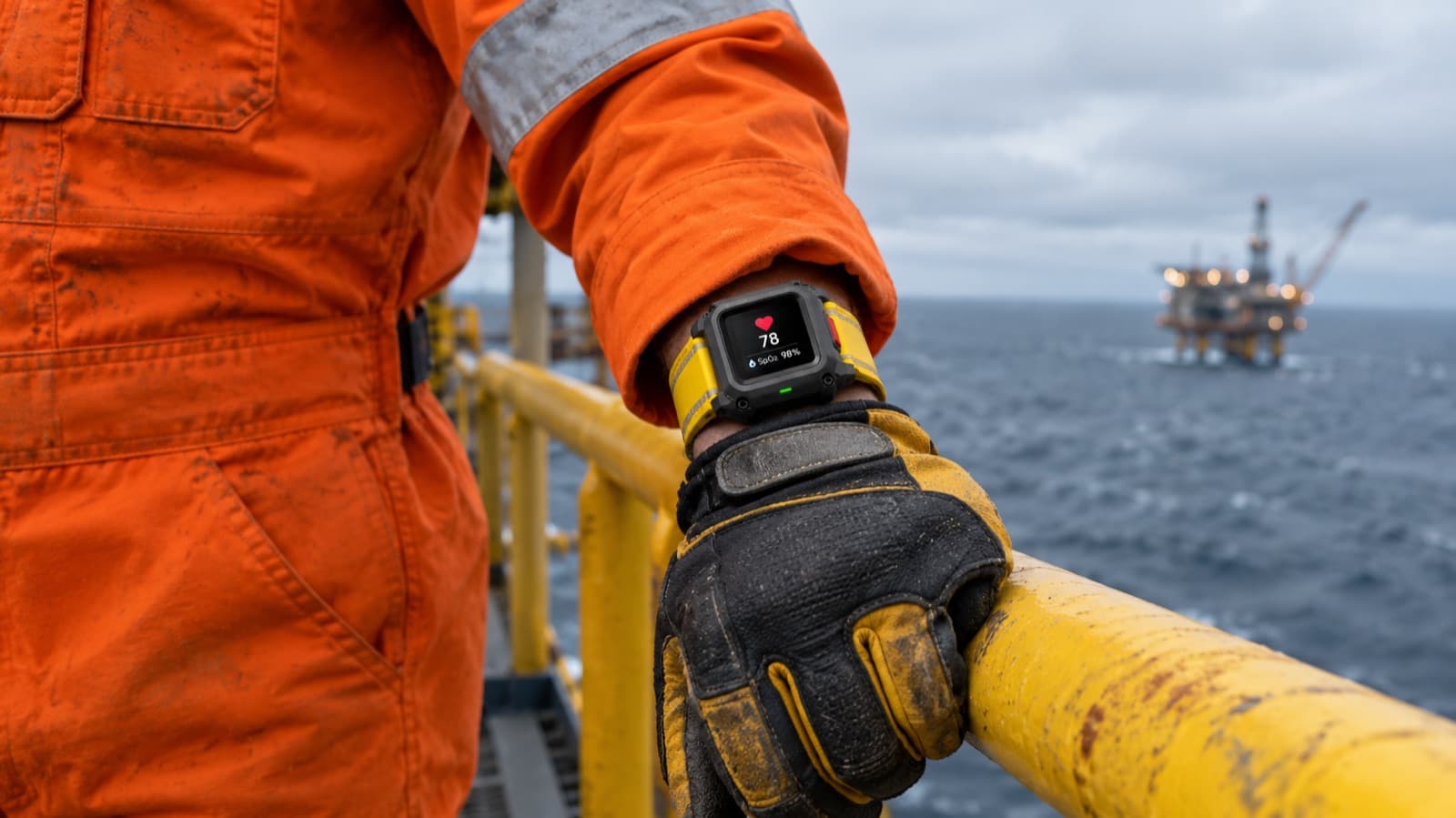 The concept safety band on the wrist of an offshore worker in orange coveralls and gloves, holding a yellow handrail with the sea behind