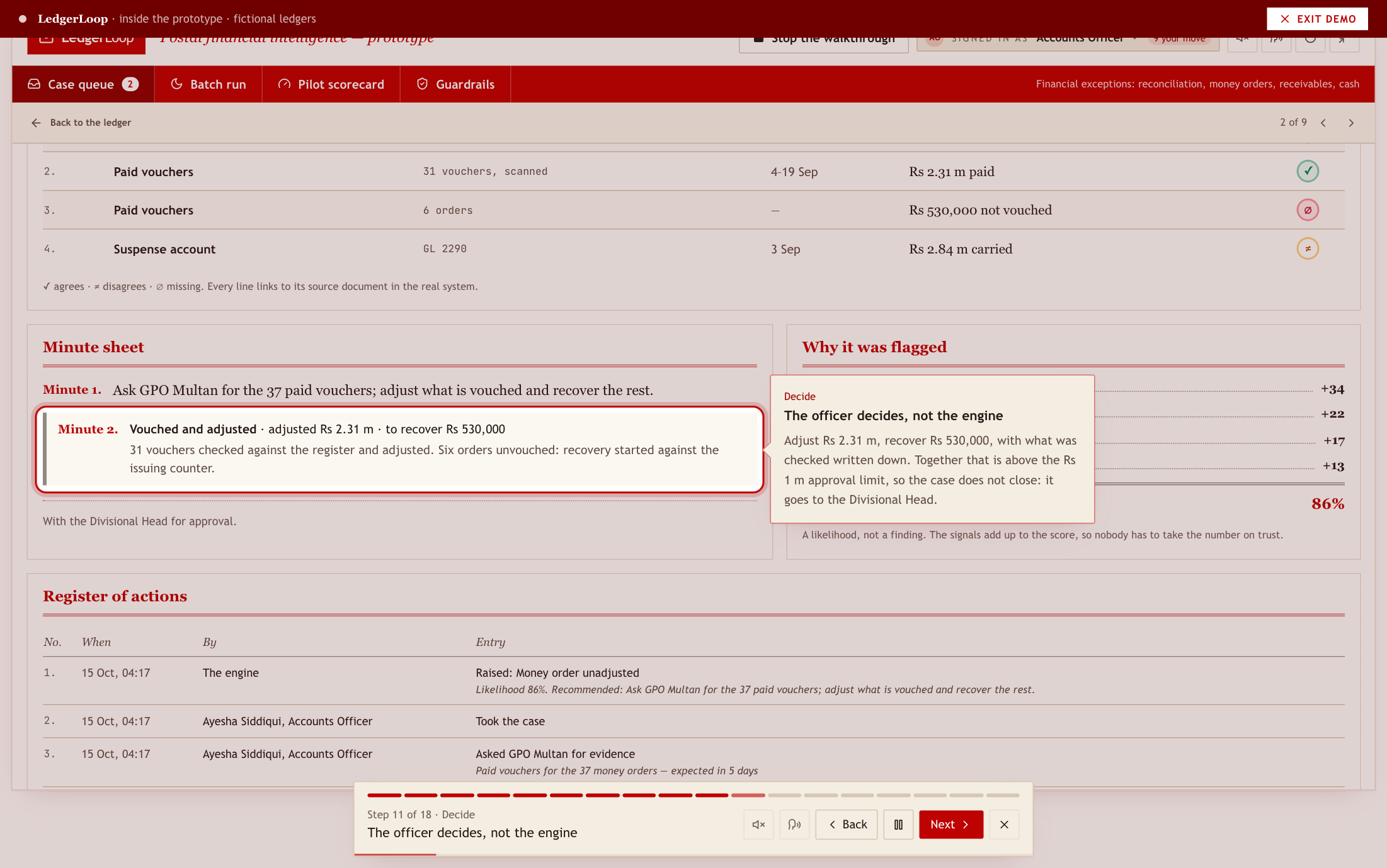 The walkthrough running on the money-order case: a ring around the outcome the officer recorded, a bubble explaining that it needs the Divisional Head’s approval, and the control bar with back, pause and next