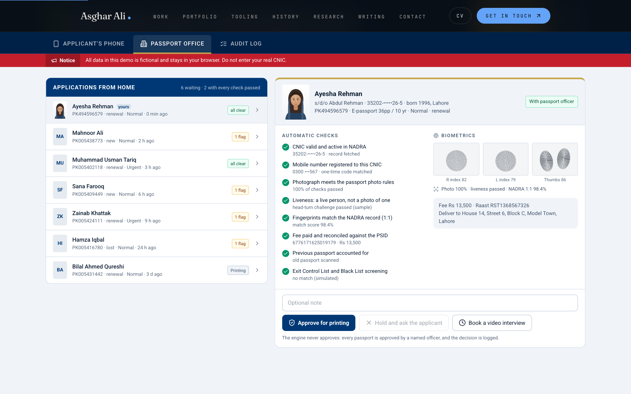 The passport office console: a queue of applications from home, most with every check passed, and one file open with its automatic checks, fingerprints and the approve button