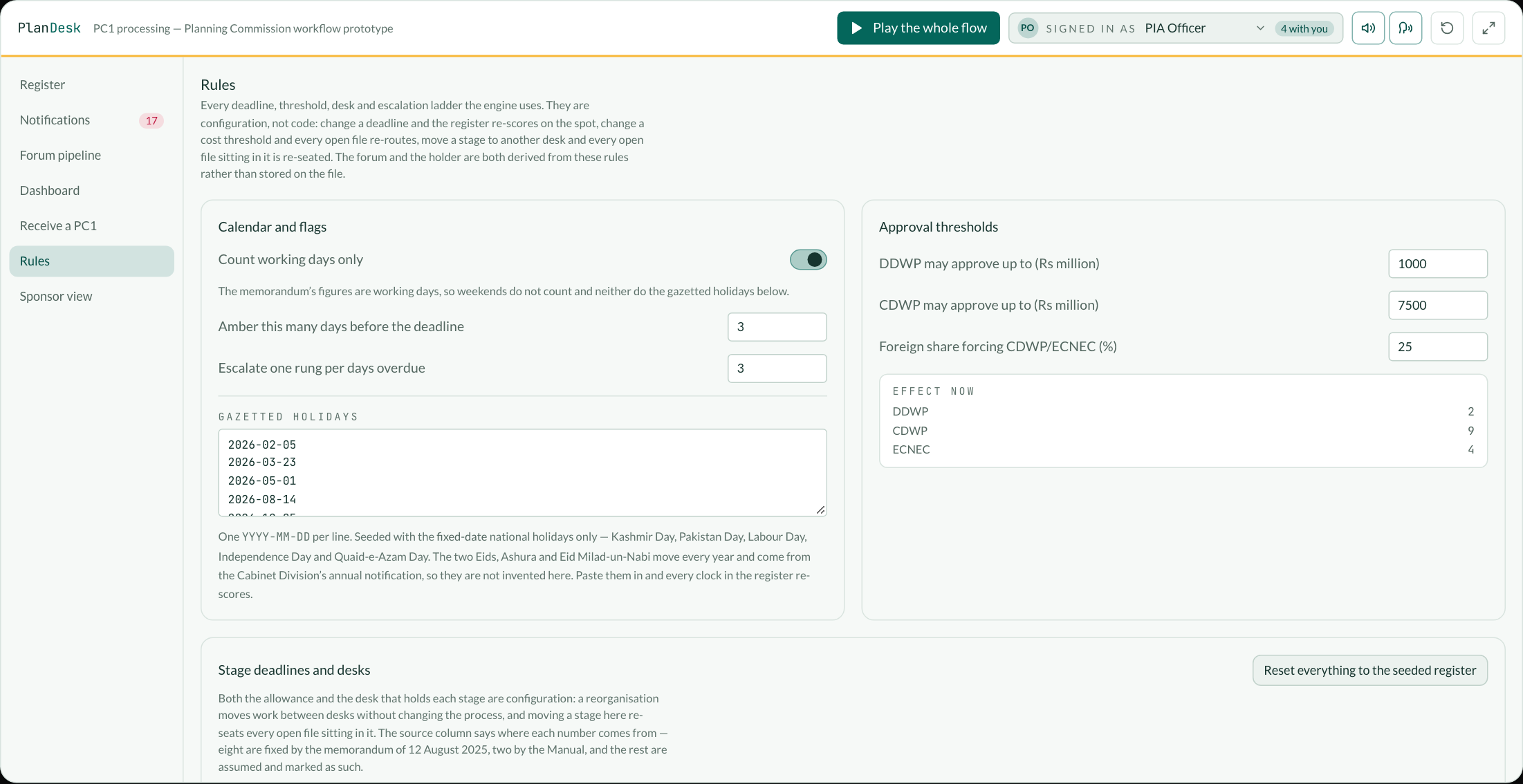 The rules screen: working days toggle, amber and escalation windows, the three cost thresholds with a live count of how many files each forum would take, and the editable per-stage deadline table