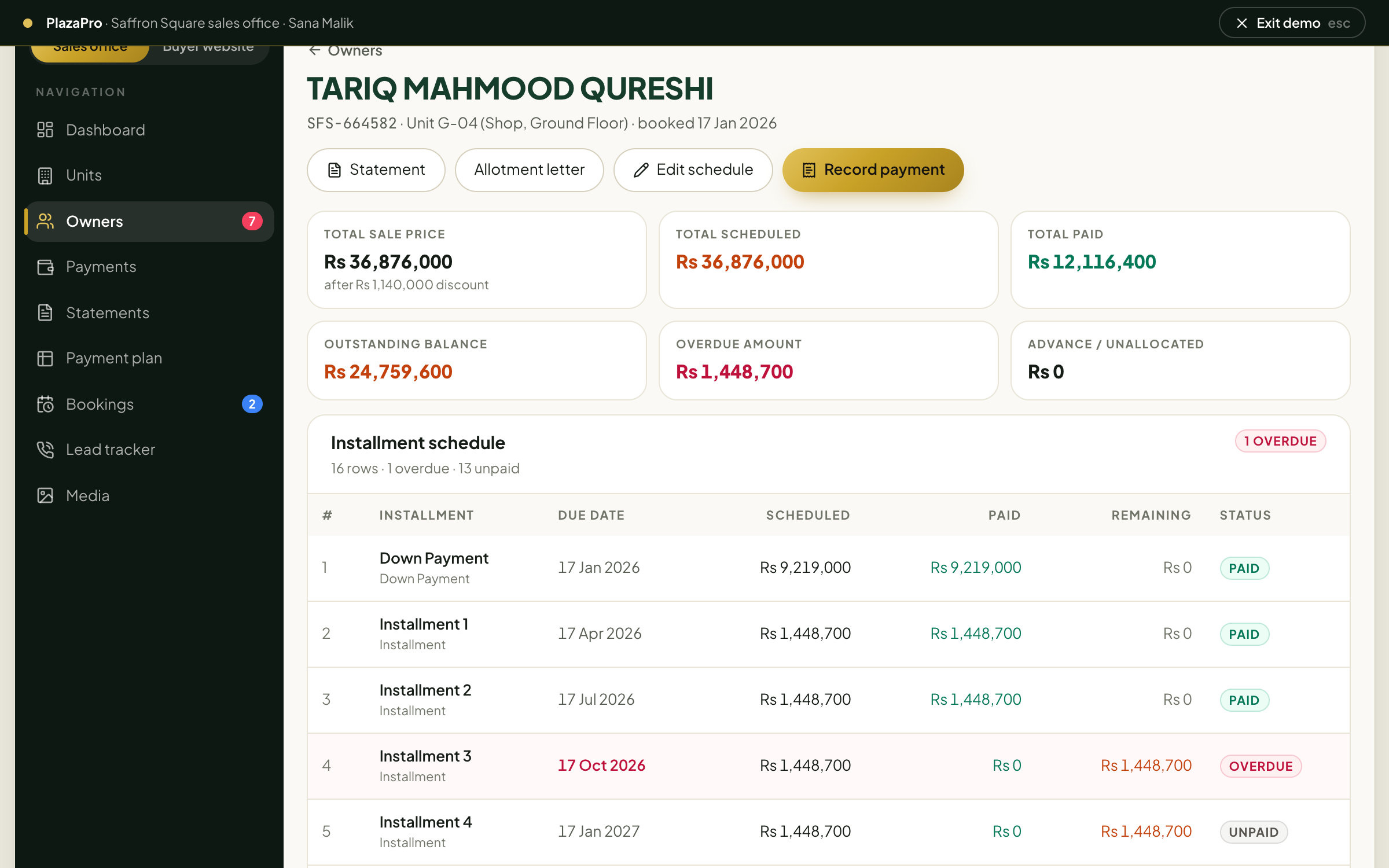 An owner's ledger: sale price after discount, scheduled, paid, outstanding, overdue and advance, then the installment schedule with paid, part-paid and overdue rows