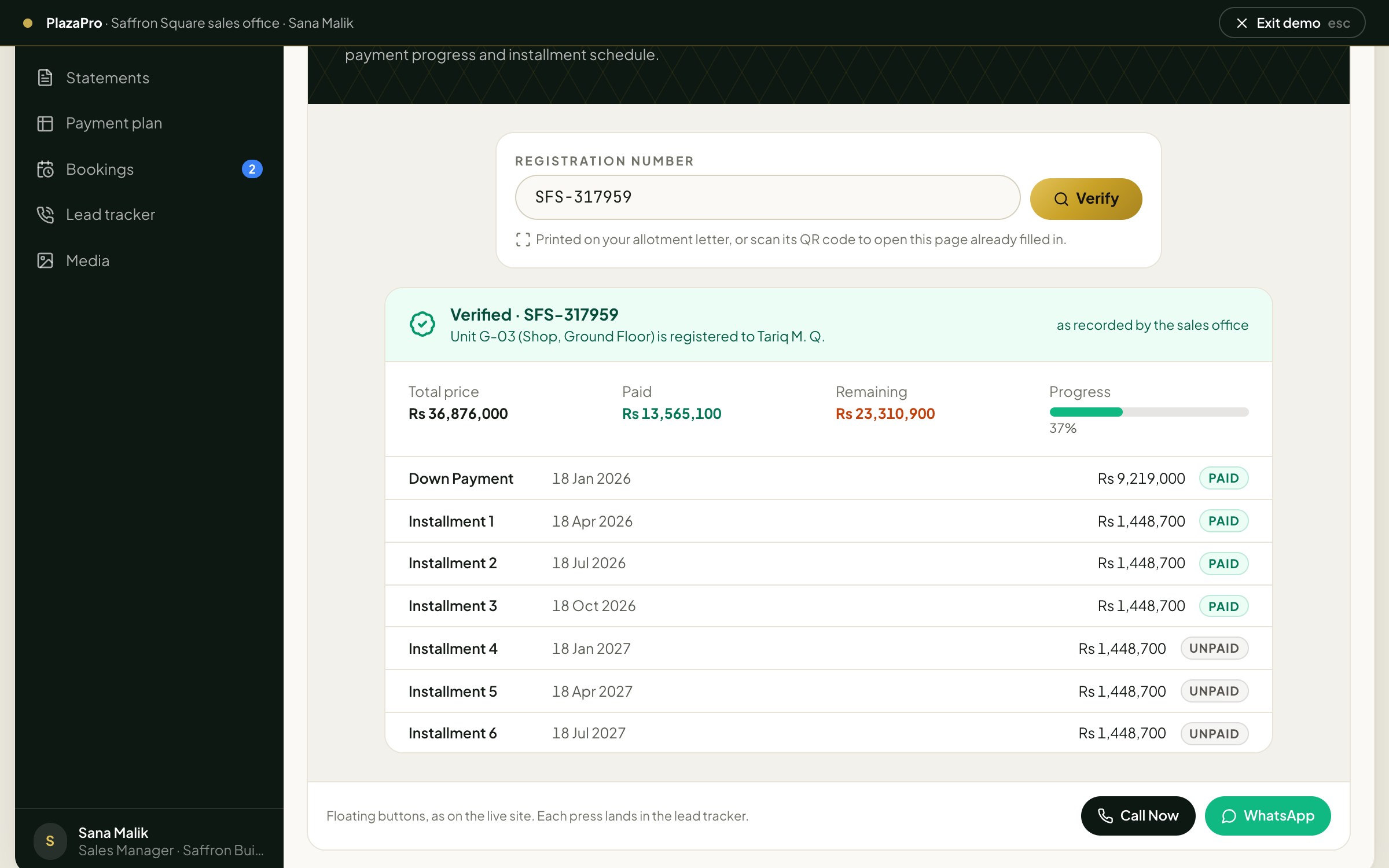 Verify Ownership: a buyer enters the registration number from the allotment letter and sees the unit, payment progress and installment schedule