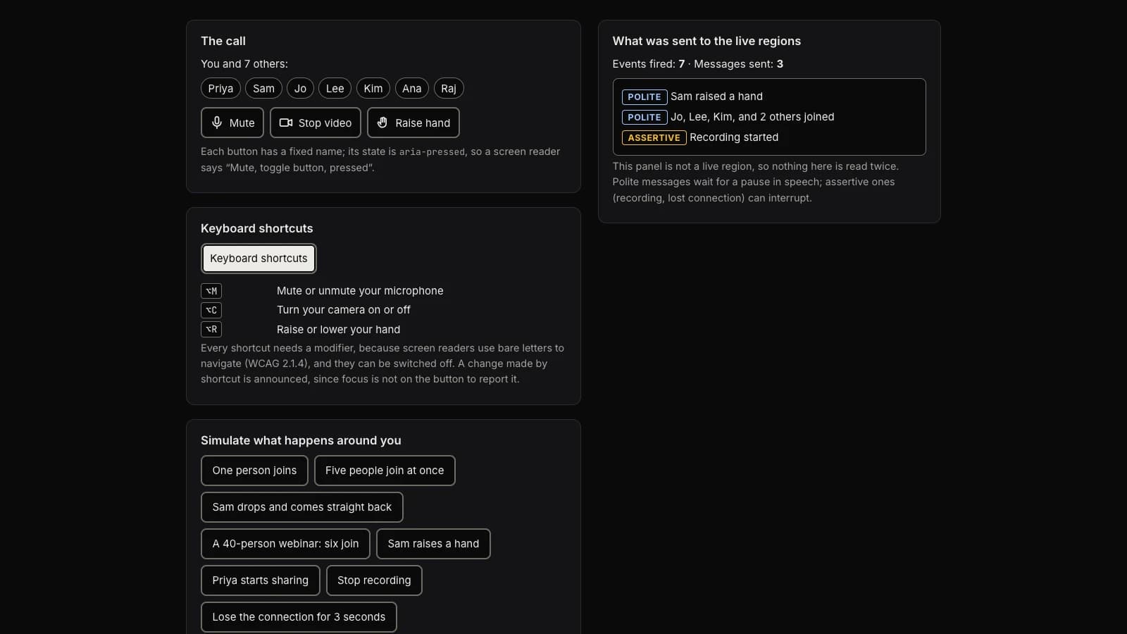 The call-a11y demo running in a browser. On the left, a simulated call with Mute, Stop video and Raise hand buttons and three keyboard shortcuts. On the right, a history of what was sent to the live regions, newest first: a polite line reading Sam raised a hand, a polite line reading Jo, Lee, Kim, and 2 others joined, and an assertive line reading Recording started. Above the history the counts read: seven events fired, three messages sent.