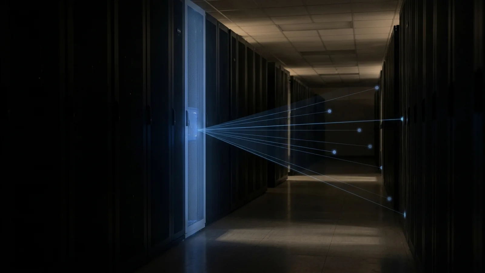 A dim server room corridor at night, cables and rack units fading into darkness, with faint blue signal lines radiating outward from a single node near the camera toward smaller nodes in the distance