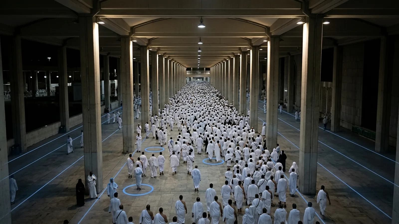 A high-angle view of a covered walkway at night, crowded with pilgrims in white, with faint blue tracking rings overlaid on the floor