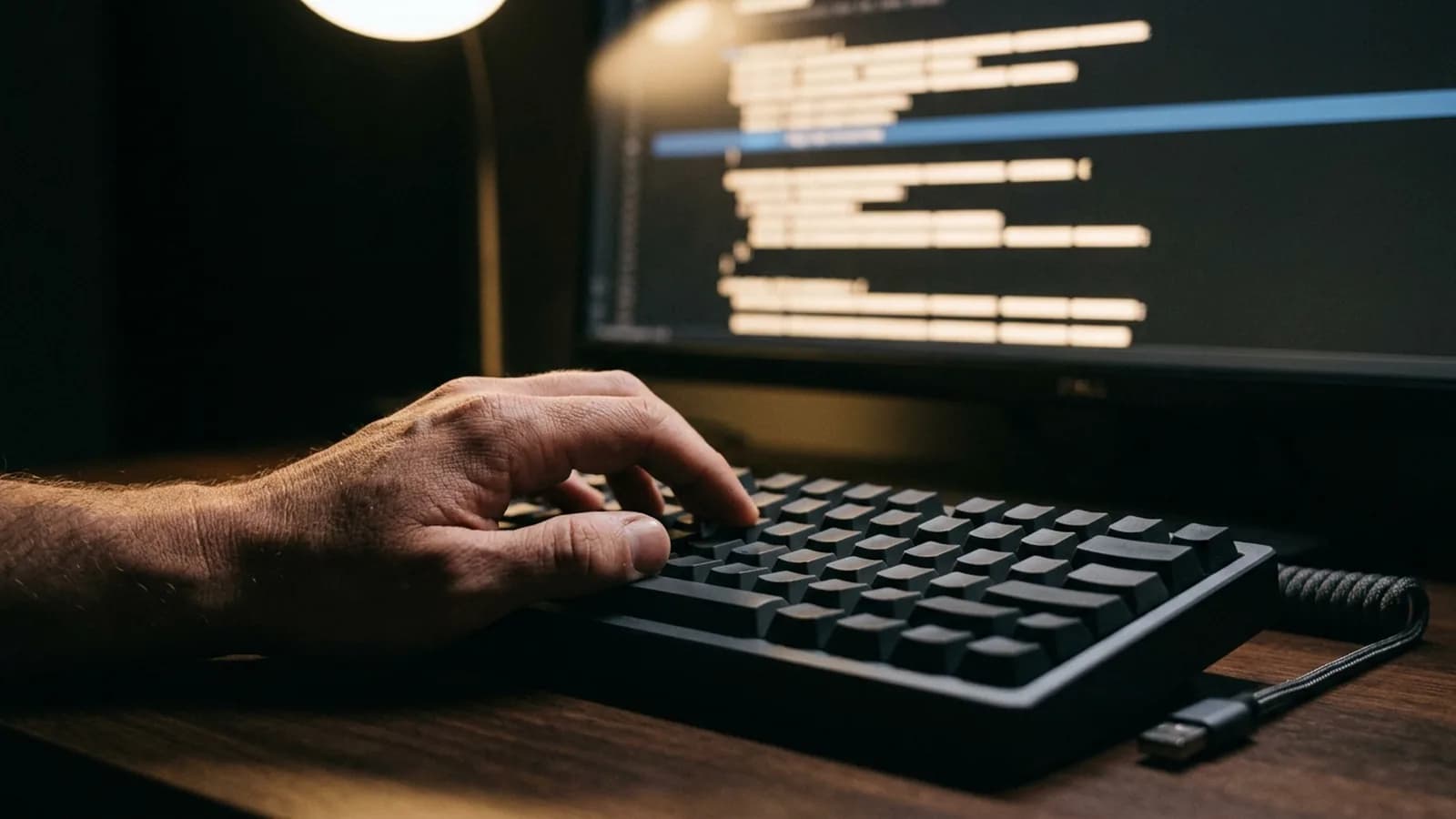 A hand paused on a dark mechanical keyboard at night, a monitor behind it glowing with abstract rows of code, most pale and a few picked out in blue as if flagged for review
