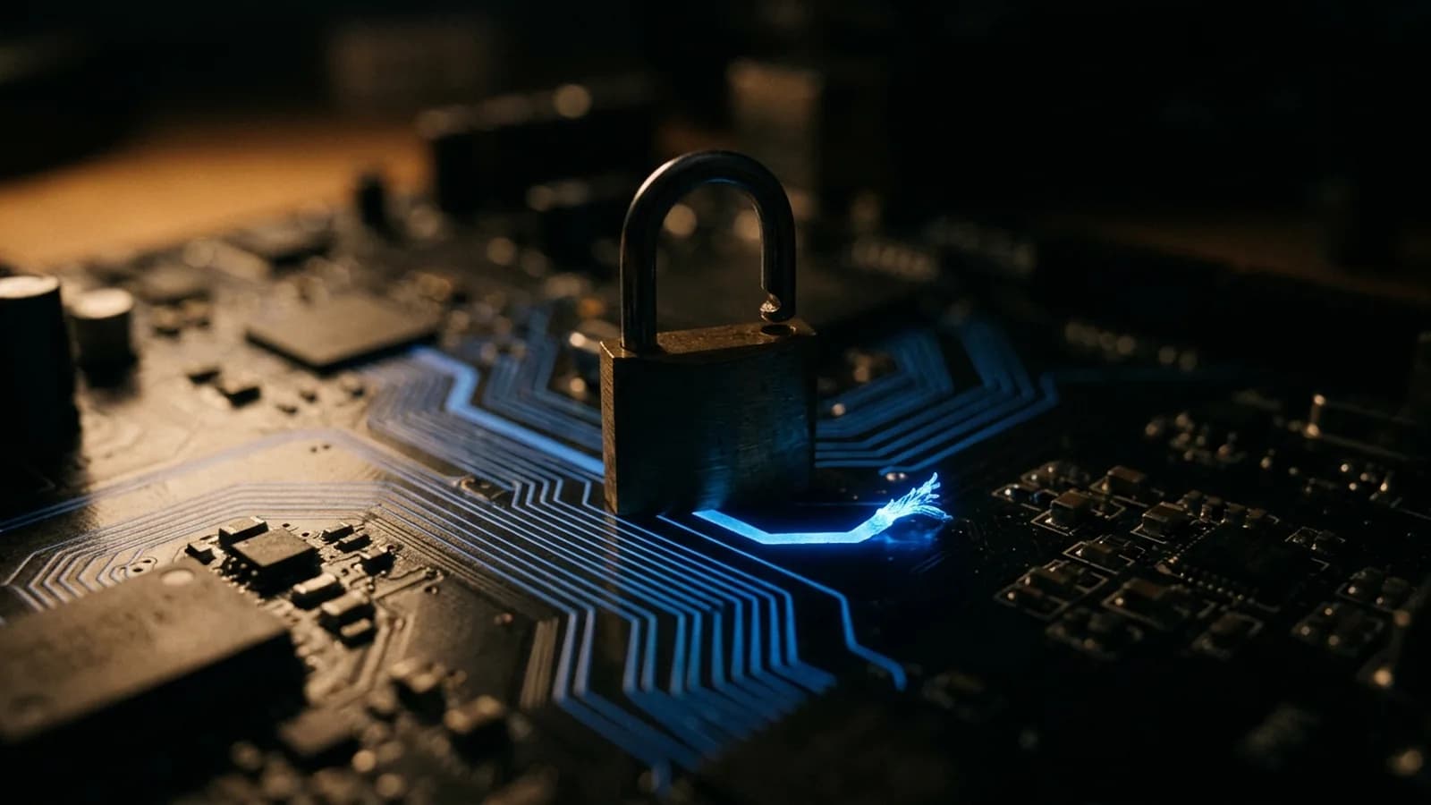 A slightly-open padlock on a dark circuit board, glowing blue traces running beneath it, one trace broken and exposed beside the lock