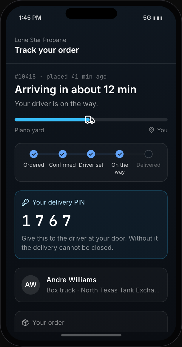 Customer tracking page: arriving in about twelve minutes, progress bar, five plain steps, the delivery PIN and the driver's name