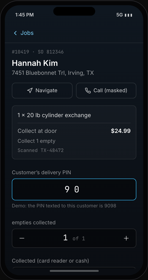Driver app: delivery screen asking for the customer's PIN, returnables collected, amount collected and a photo