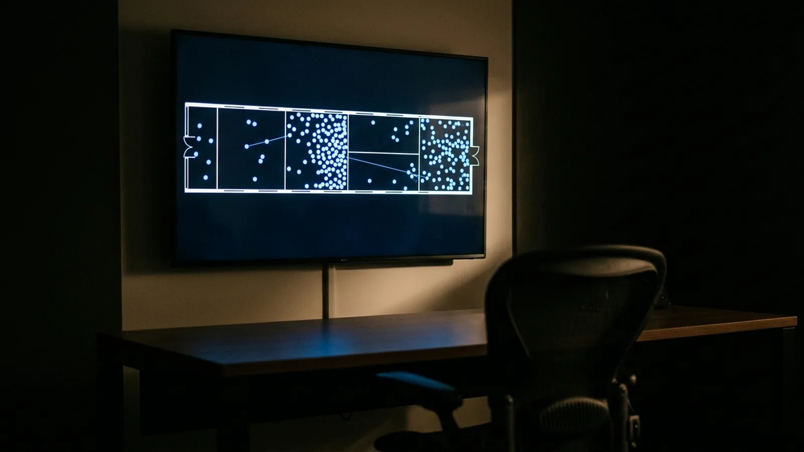 A wall-mounted monitor in a dim control room showing a top-down floor plan divided into zones, with clusters of glowing blue dots marking people