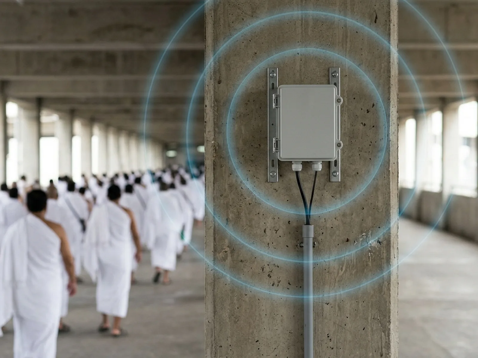 A small grey enclosure bracketed high on a concrete column in a covered walkway, with a faint blue circle suggesting its radio range and a crowd out of focus behind